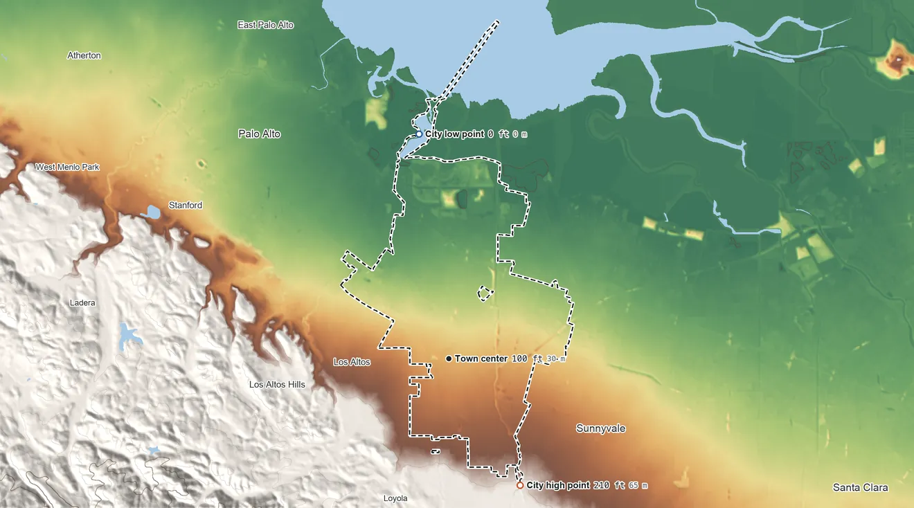 Topographic elevation map of Mountain View, California, shaded from sea level level on San Francisco Bay to 210 ft on the southeast side