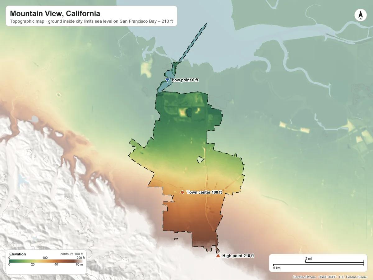 Topographic elevation map of Mountain View, California, shaded from sea level level on San Francisco Bay to 210 ft on the southeast side