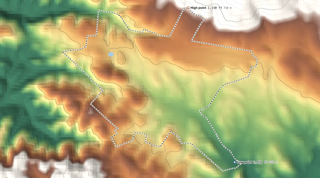 Topographic elevation map of Mt. Bullion, California, shaded from 2,090 ft on the southeast side to 2,330 ft on the northeast edge, below higher ground just outside