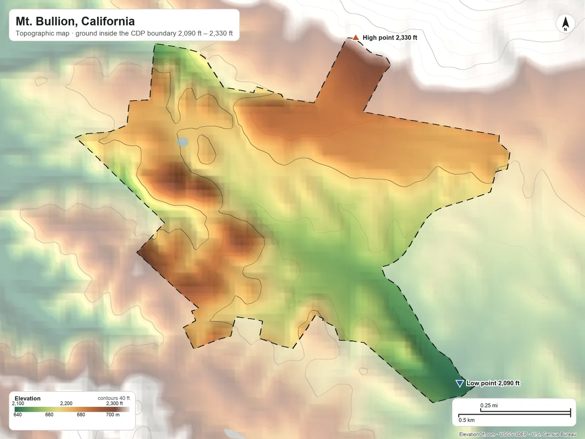 Topographic elevation map of Mt. Bullion, California, shaded from 2,090 ft on the southeast side to 2,330 ft on the northeast edge, below higher ground just outside