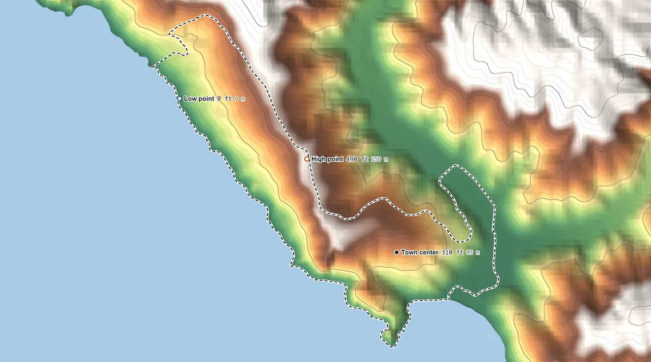 Topographic elevation map of Muir Beach, California, shaded from sea level level on the Pacific Ocean to 490 ft at the foot of the San Miguel Hills