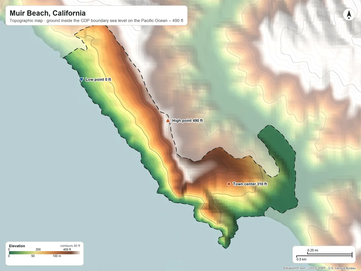 Topographic elevation map of Muir Beach, California, shaded from sea level level on the Pacific Ocean to 490 ft at the foot of the San Miguel Hills