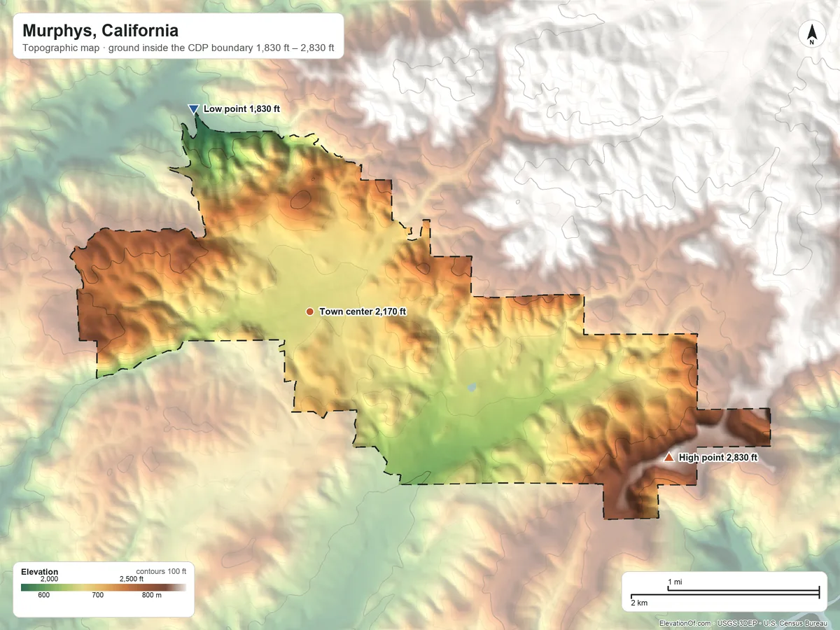 Topographic elevation map of Murphys, California, shaded from 1,830 ft on the northwest side to 2,830 ft on the east edge, below higher ground just outside