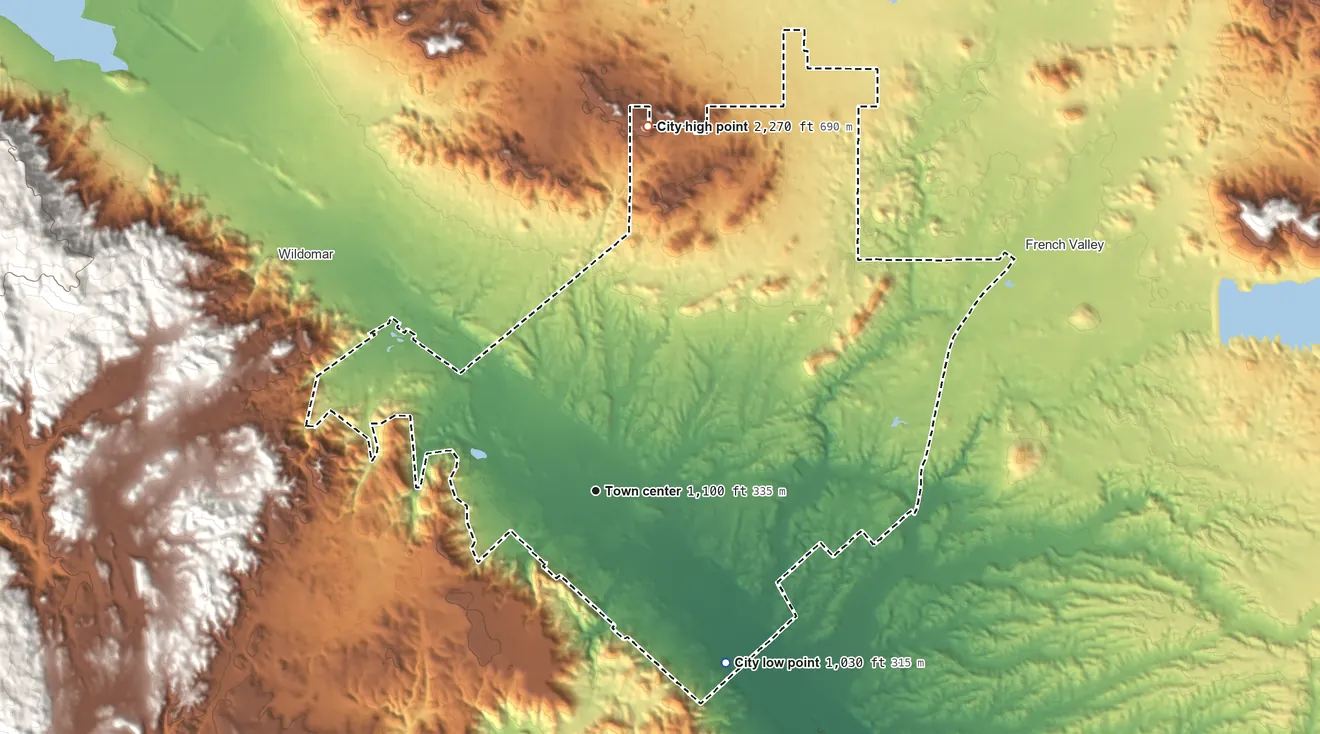 Topographic elevation map of Murrieta, California, shaded from 1,030 ft on the southeast side to 2,270 ft on the north side