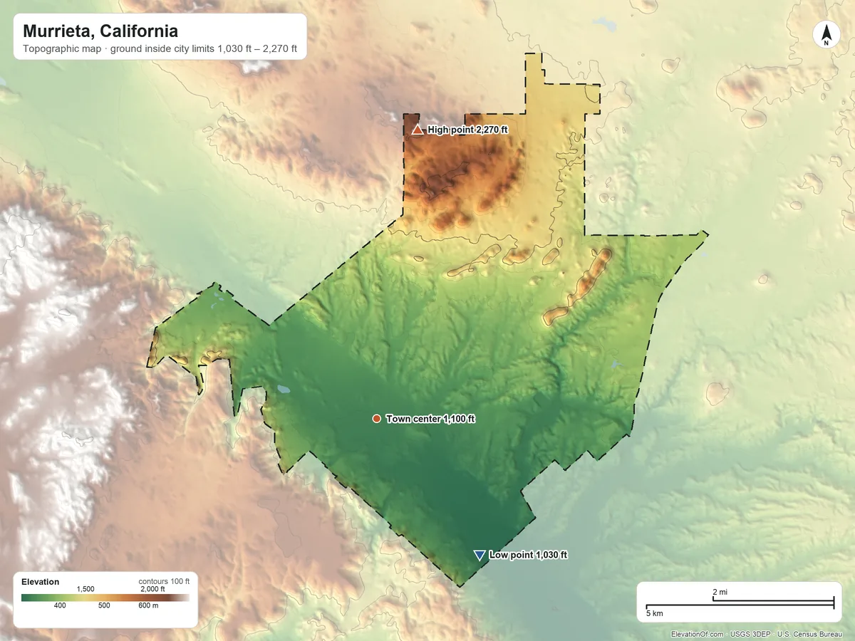 Topographic elevation map of Murrieta, California, shaded from 1,030 ft on the southeast side to 2,270 ft on the north side