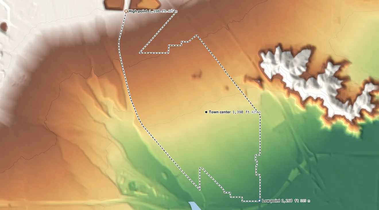 Topographic elevation map of Muscoy, California, shaded from 1,260 ft on the southeast side to 1,590 ft at the foot of the Shandin Hills