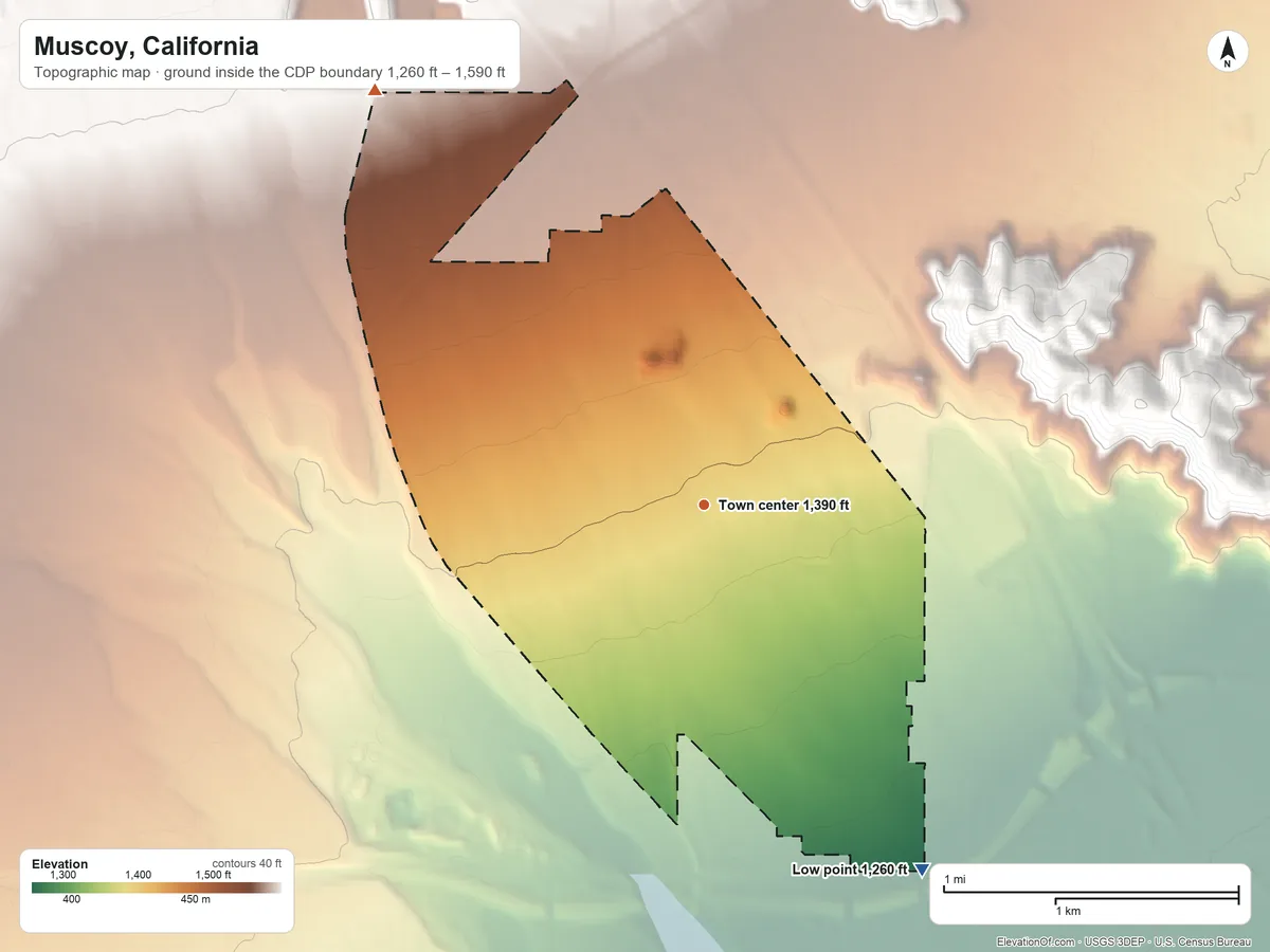 Topographic elevation map of Muscoy, California, shaded from 1,260 ft on the southeast side to 1,590 ft at the foot of the Shandin Hills