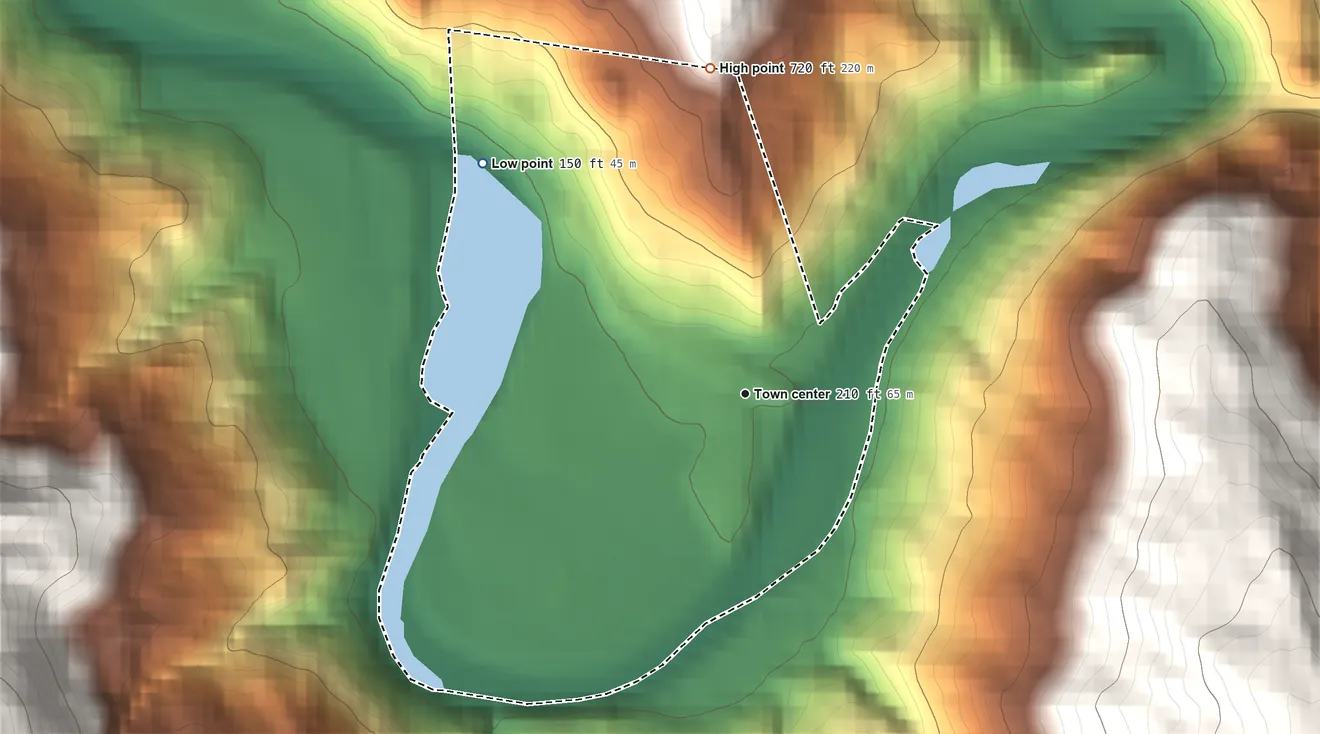Topographic elevation map of Myers Flat, California, shaded from 150 ft on the northwest side to 720 ft at the foot of the Chalk Mountains