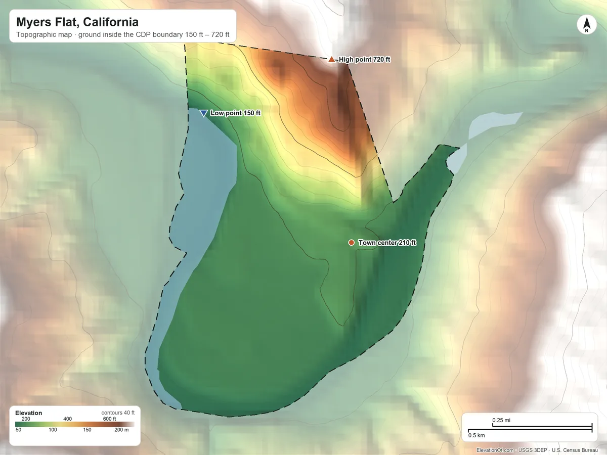 Topographic elevation map of Myers Flat, California, shaded from 150 ft on the northwest side to 720 ft at the foot of the Chalk Mountains