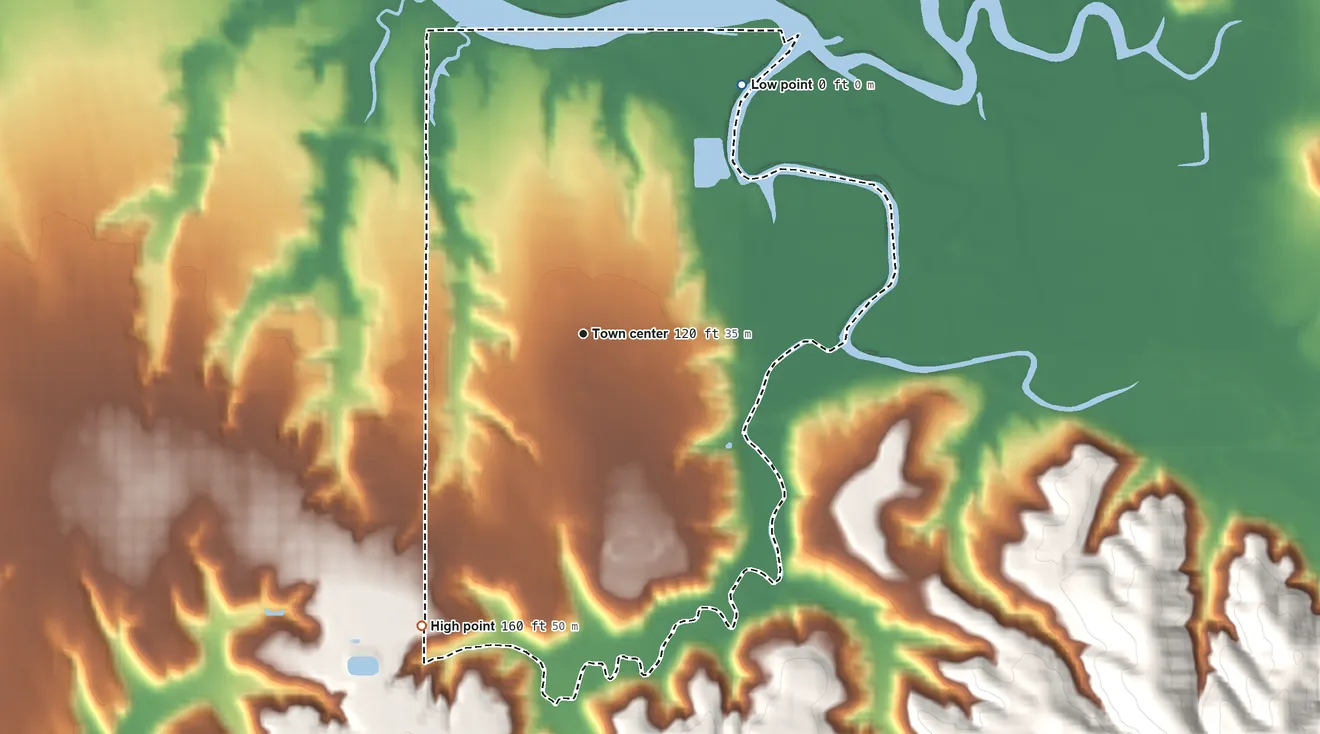 Topographic elevation map of Myrtletown, California, shaded from sea level level on Arcata Bay to 160 ft on the southwest side