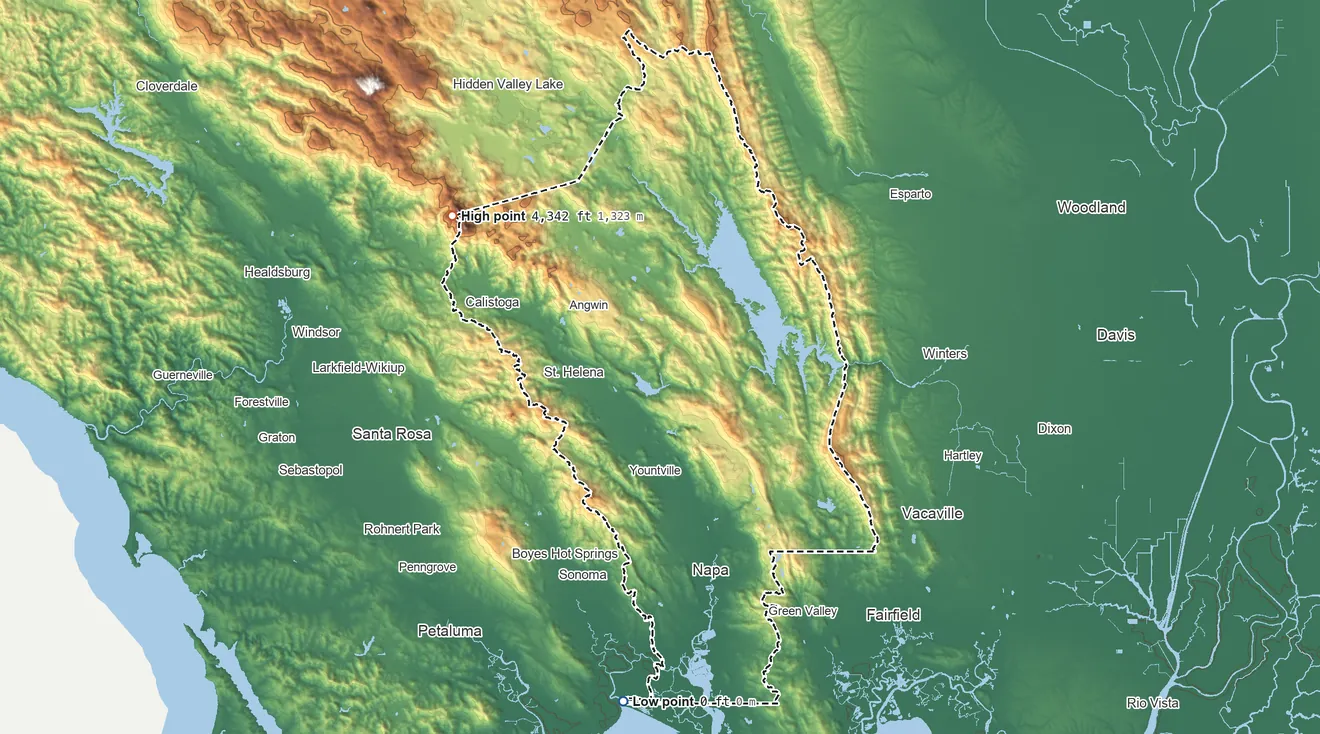 Topographic elevation map of Napa County, California, shaded from sea level on San Pablo Bay to 4,342 ft on Mount Saint Helena