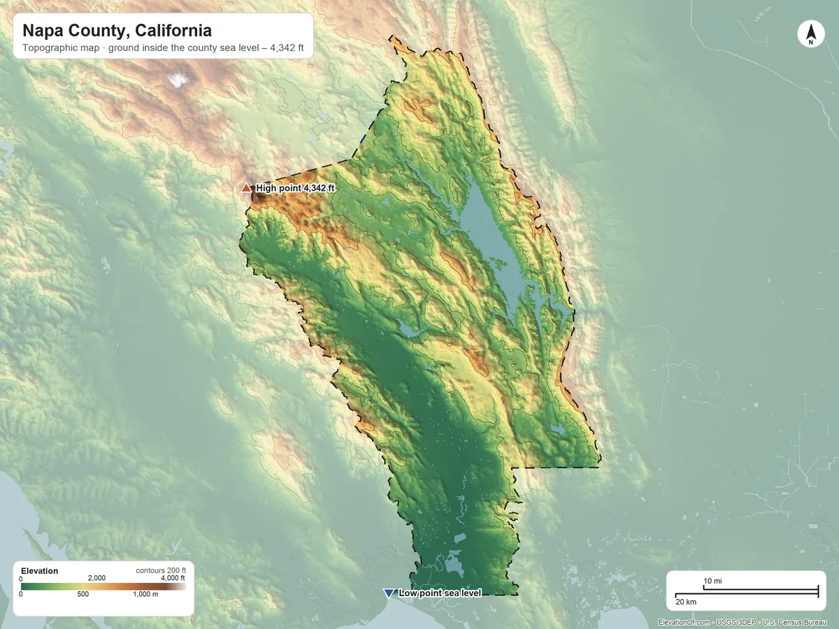 Topographic elevation map of Napa County, California, shaded from sea level on San Pablo Bay to 4,342 ft on Mount Saint Helena
