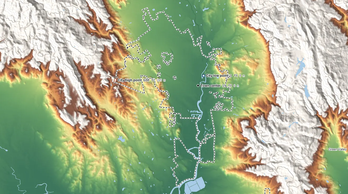 Topographic elevation map of Napa, California, shaded from 1 ft near the middle to 680 ft at the foot of the Yountville Hills