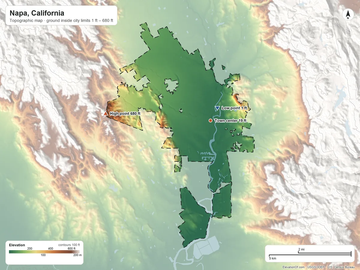 Topographic elevation map of Napa, California, shaded from 1 ft near the middle to 680 ft at the foot of the Yountville Hills