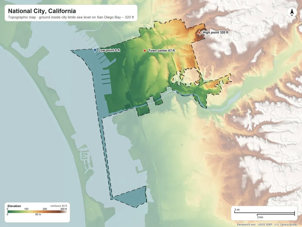 Topographic elevation map of National City, California, shaded from sea level level on San Diego Bay to 320 ft on the east side