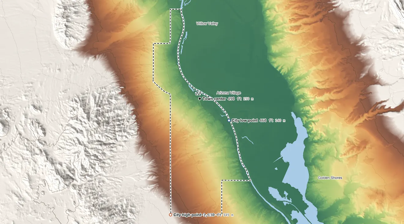 Topographic elevation map of Needles, California, shaded from 460 ft on the southeast side to 1,130 ft on the south side