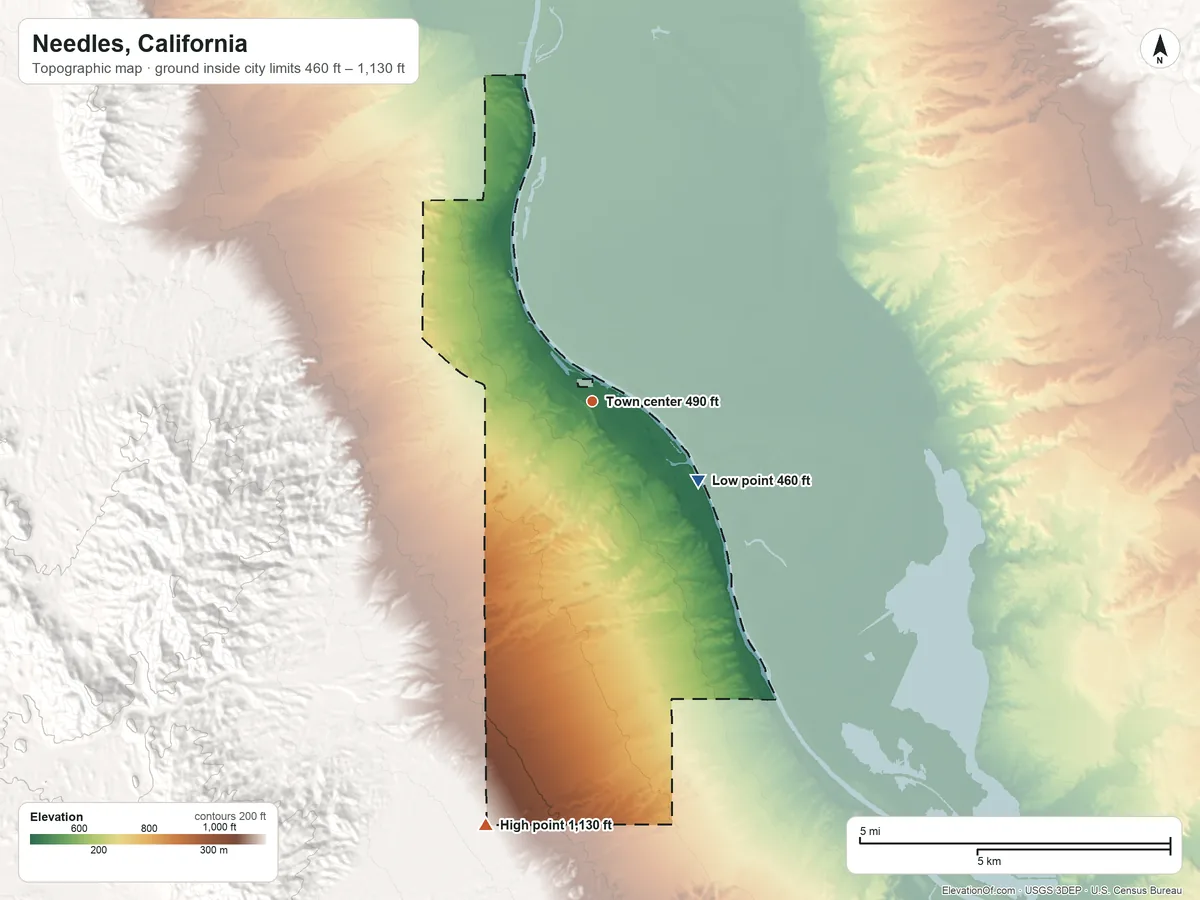 Topographic elevation map of Needles, California, shaded from 460 ft on the southeast side to 1,130 ft on the south side