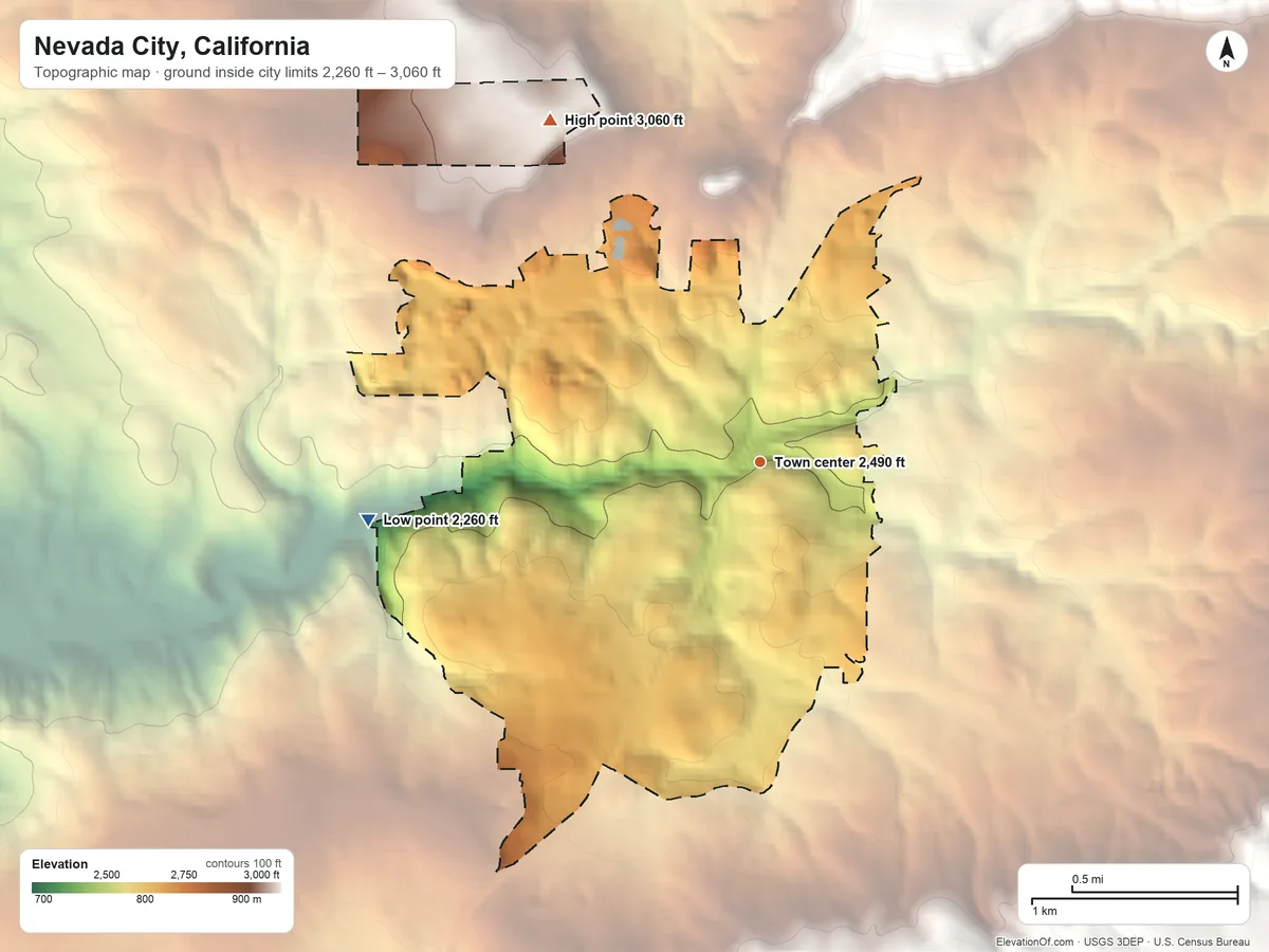 Topographic elevation map of Nevada City, California, shaded from 2,260 ft on the west side to 3,060 ft on the northwest side