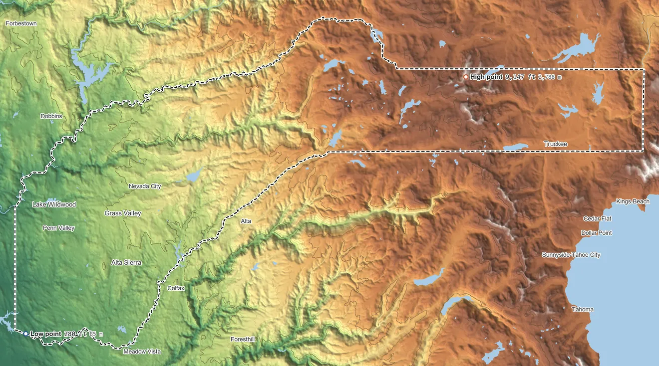 Topographic elevation map of Nevada County, California, shaded from 280 ft on the southwest side to 9,147 ft on Mount Lola