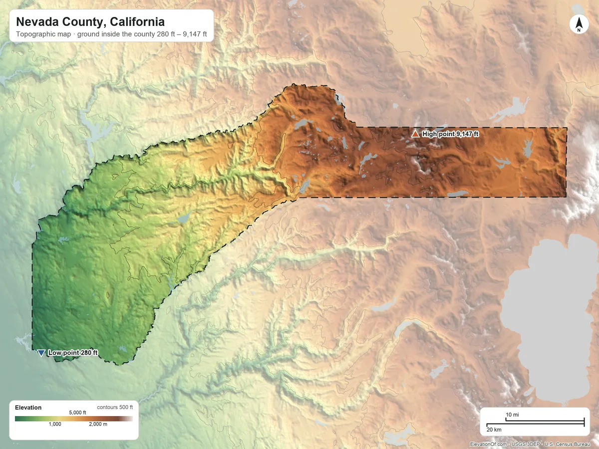 Topographic elevation map of Nevada County, California, shaded from 280 ft on the southwest side to 9,147 ft on Mount Lola