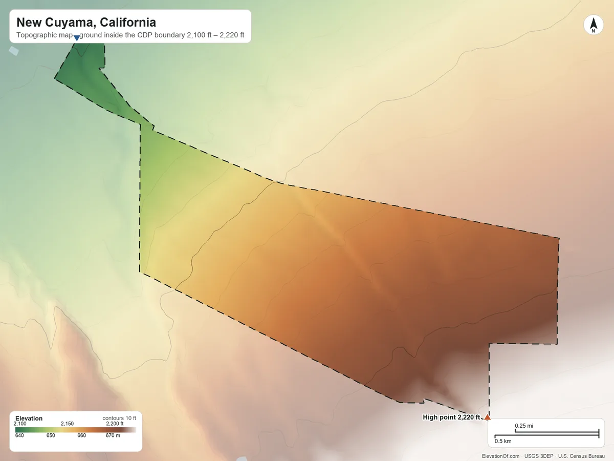 Topographic elevation map of New Cuyama, California, shaded from 2,100 ft on the northwest side to 2,220 ft on the southeast side