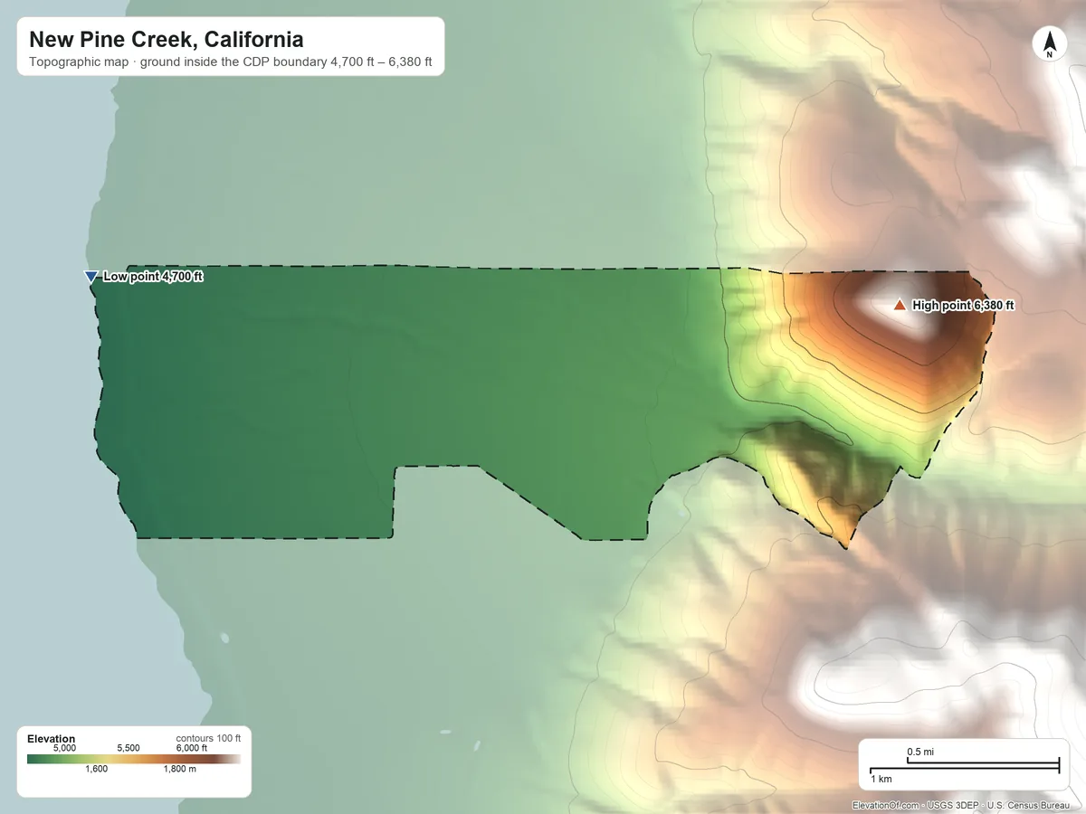 Topographic elevation map of New Pine Creek, California, shaded from 4,700 ft on the west side to 6,380 ft on the east edge, below higher ground just outside