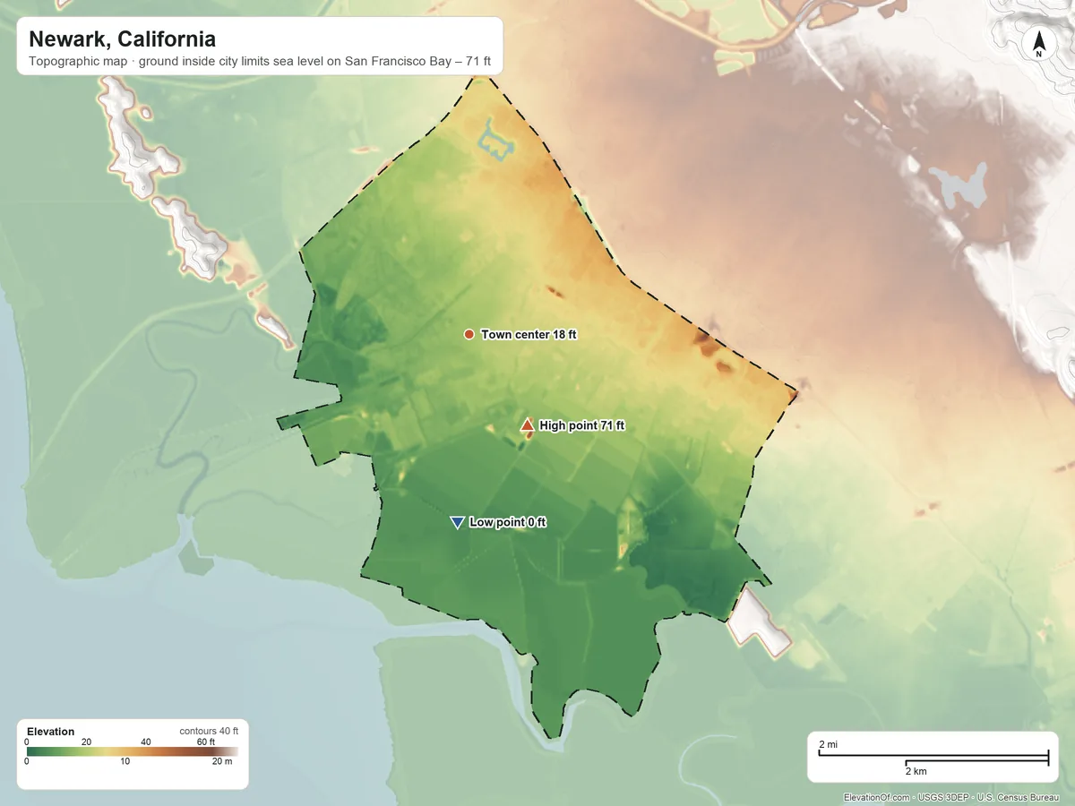 Topographic elevation map of Newark, California, shaded from sea level level on San Francisco Bay to 71 ft on the southeast side