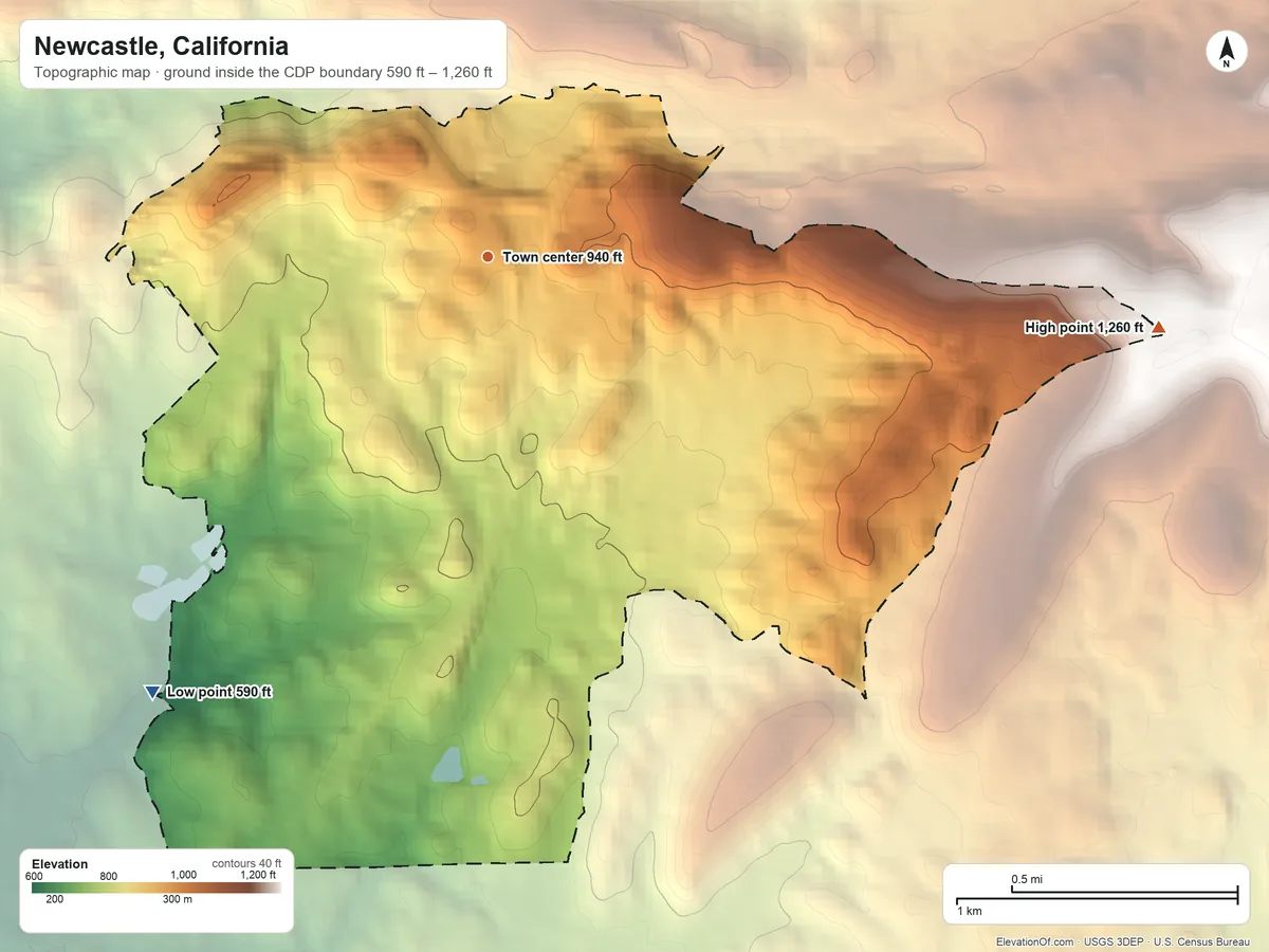 Topographic elevation map of Newcastle, California, shaded from 590 ft on the southwest side to 1,260 ft on the east side