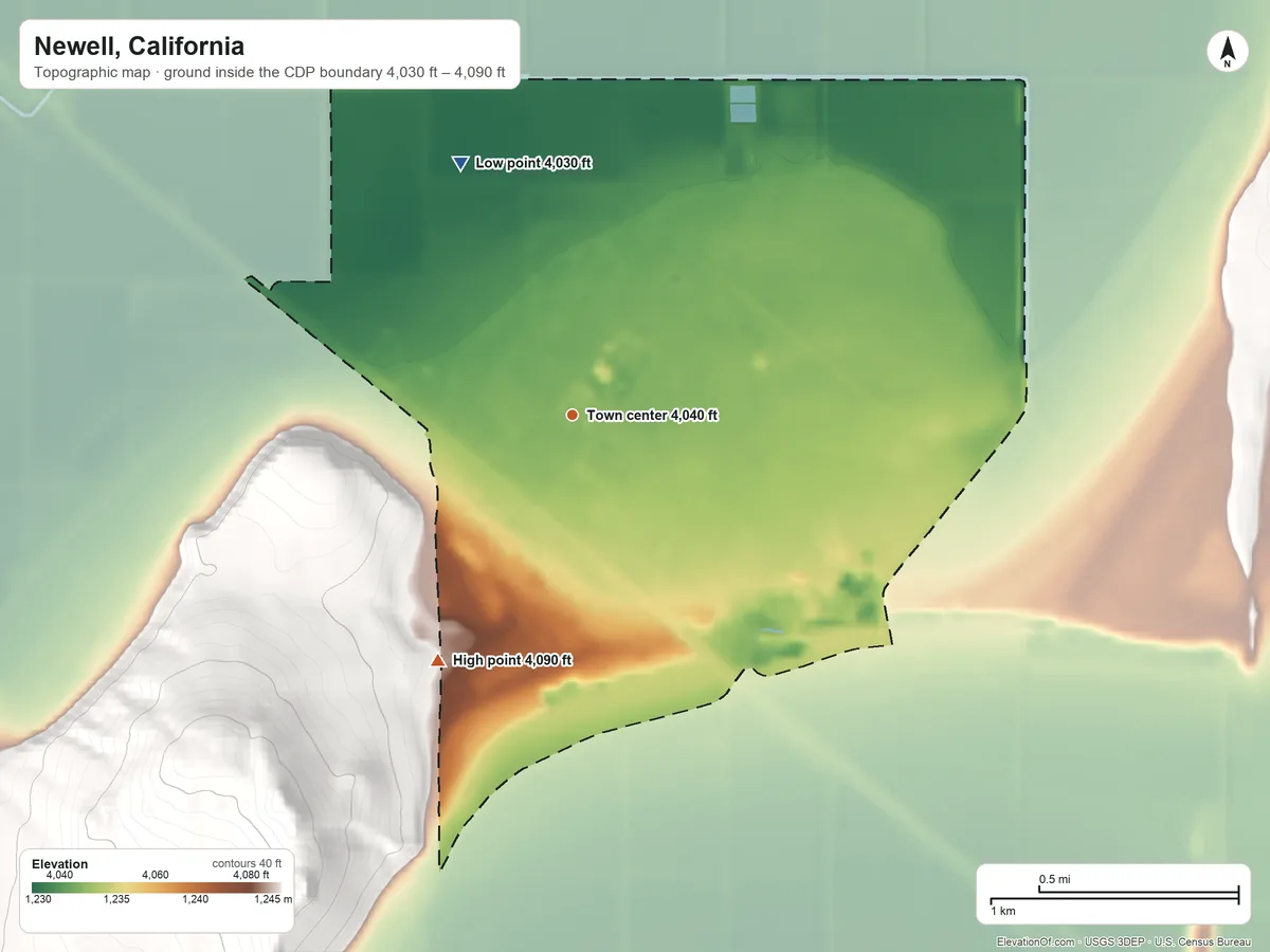 Topographic elevation map of Newell, California, shaded from 4,030 ft on the northwest side to 4,090 ft at the foot of the Clear Lake Hills