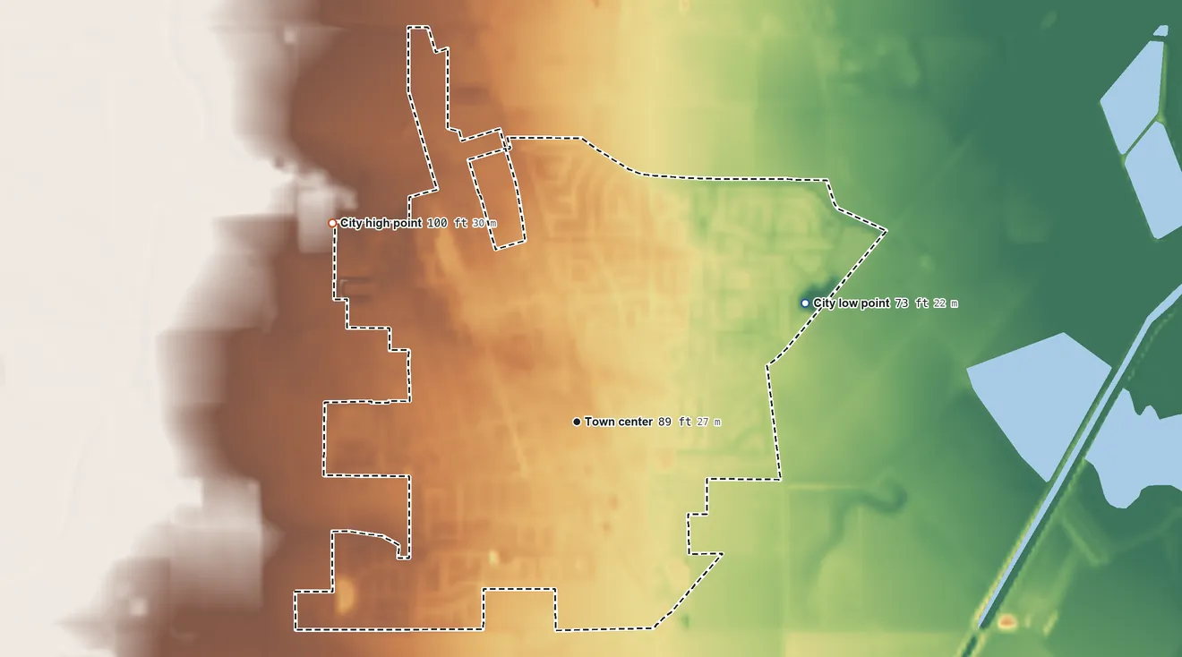 Topographic elevation map of Newman, California, shaded from 73 ft on the northeast side to 100 ft on the northwest side