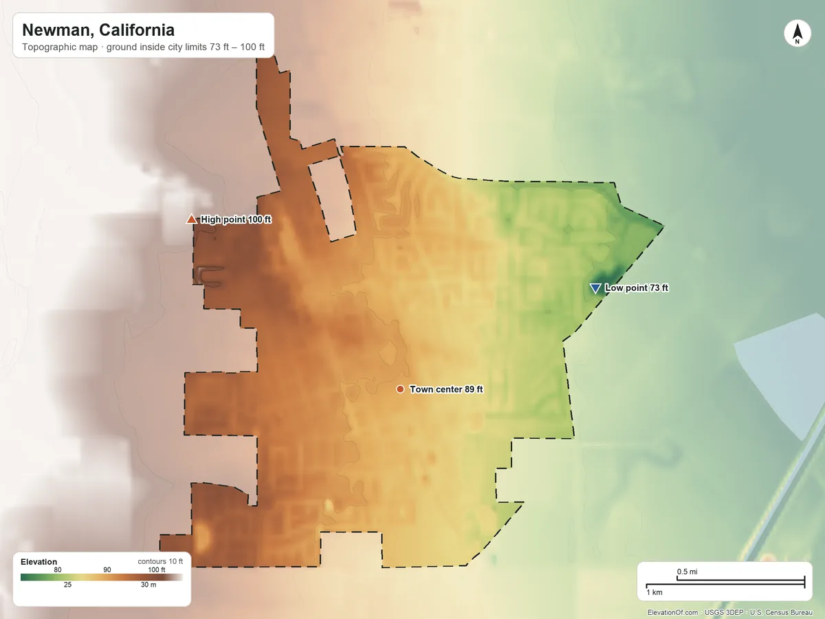 Topographic elevation map of Newman, California, shaded from 73 ft on the northeast side to 100 ft on the northwest side