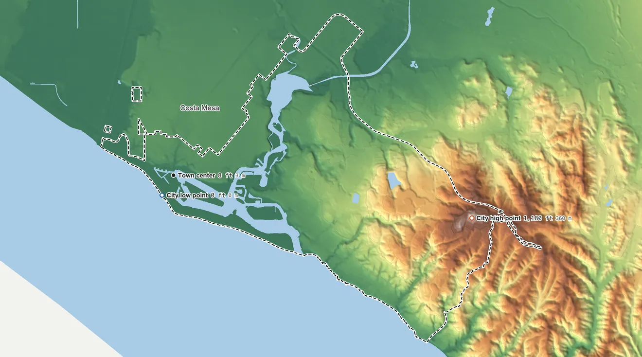 Topographic elevation map of Newport Beach, California, shaded from sea level level on the Pacific Ocean to 1,180 ft on Signal Peak