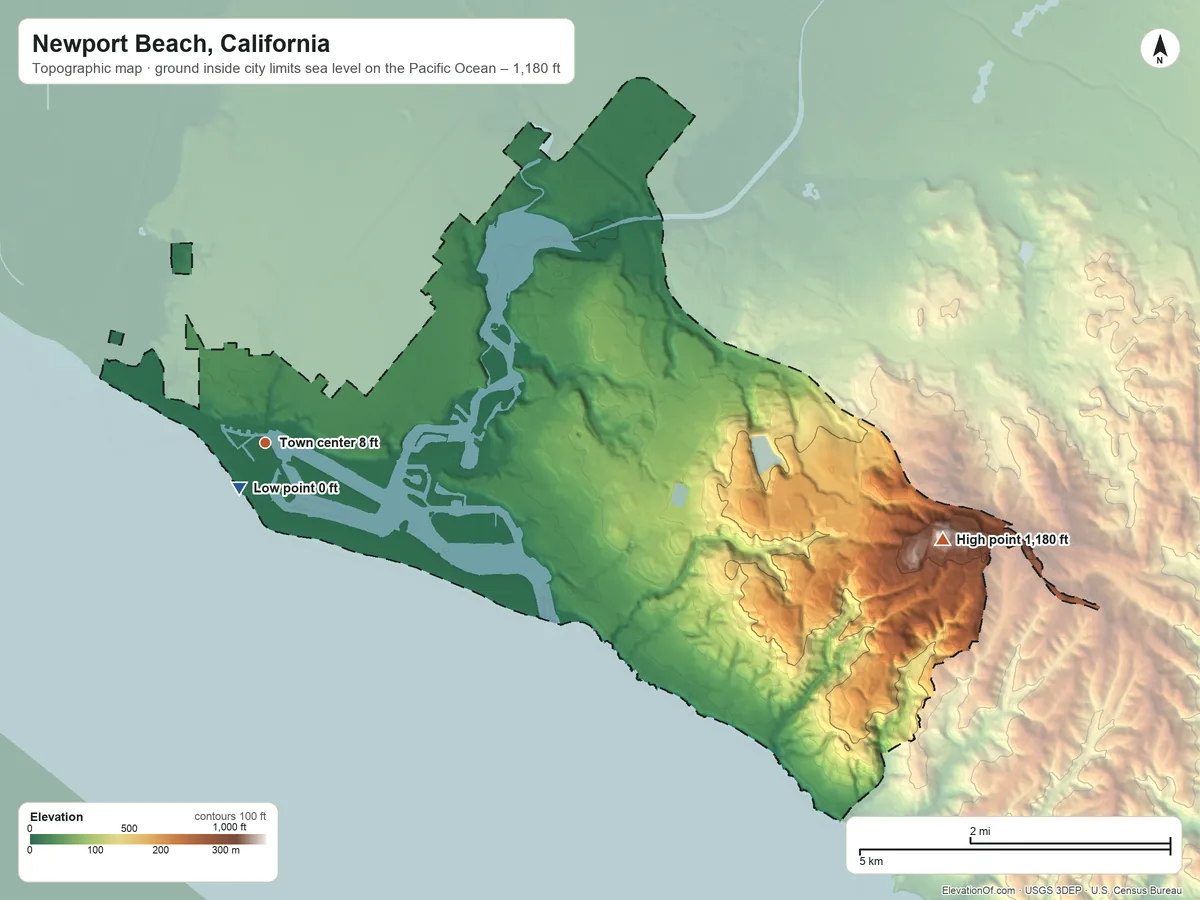 Topographic elevation map of Newport Beach, California, shaded from sea level level on the Pacific Ocean to 1,180 ft on Signal Peak