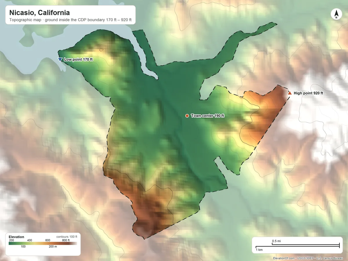 Topographic elevation map of Nicasio, California, shaded from 170 ft on the northwest side to 920 ft on the east edge, below higher ground just outside