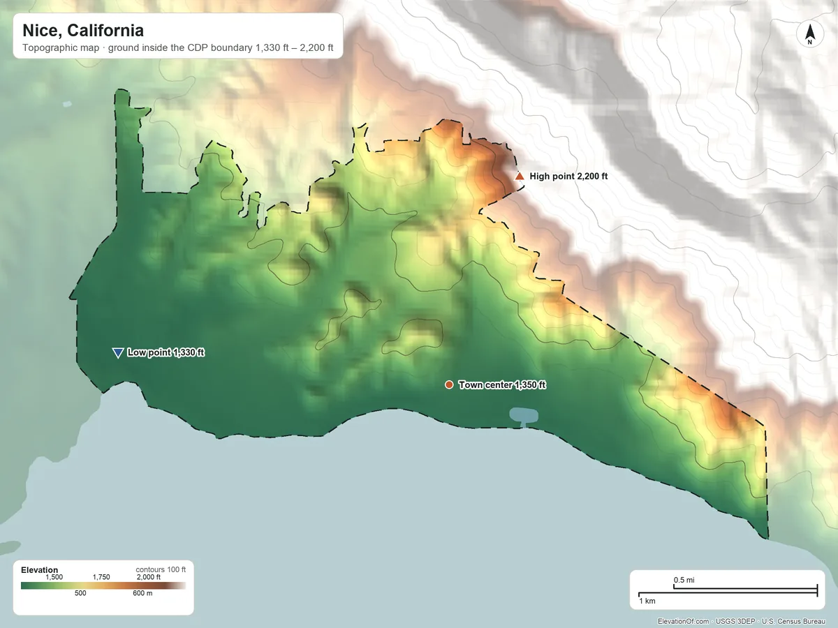 Topographic elevation map of Nice, California, shaded from 1,330 ft on the west side to 2,200 ft on the north edge, below higher ground just outside