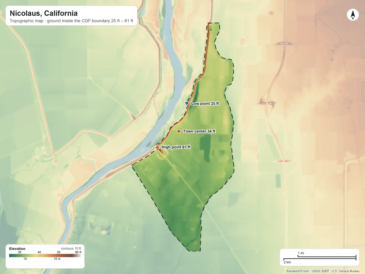 Topographic elevation map of Nicolaus, California, shaded from 25 ft on the north side to 61 ft on the southwest side