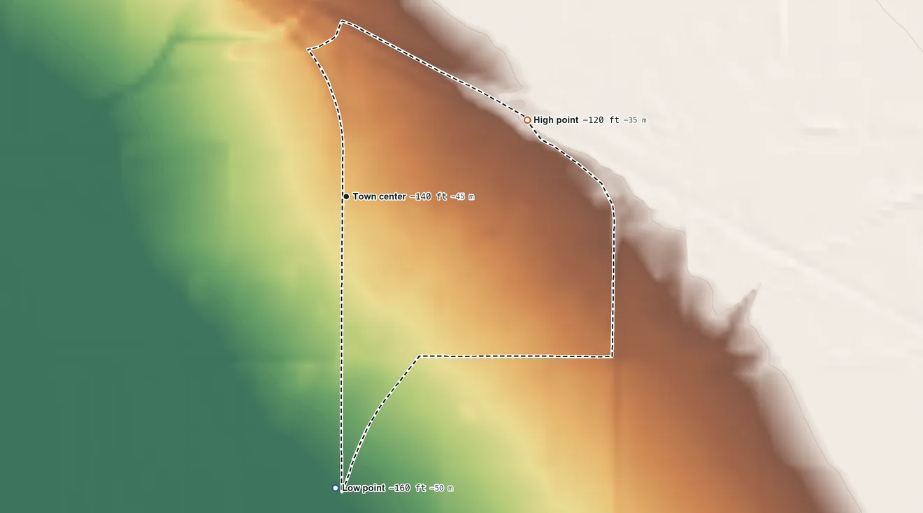 Topographic elevation map of Niland, California, shaded from −160 ft on the south side to −120 ft on the northeast side