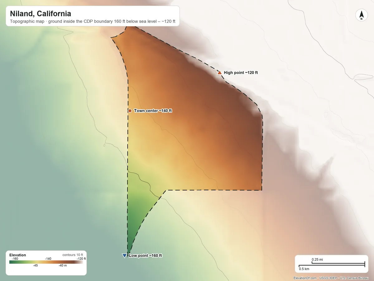 Topographic elevation map of Niland, California, shaded from −160 ft on the south side to −120 ft on the northeast side