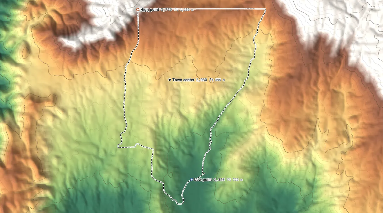 Topographic elevation map of Nipinnawasee, California, shaded from 2,320 ft on the south side to 3,770 ft at the foot of the Chowchilla Mountains