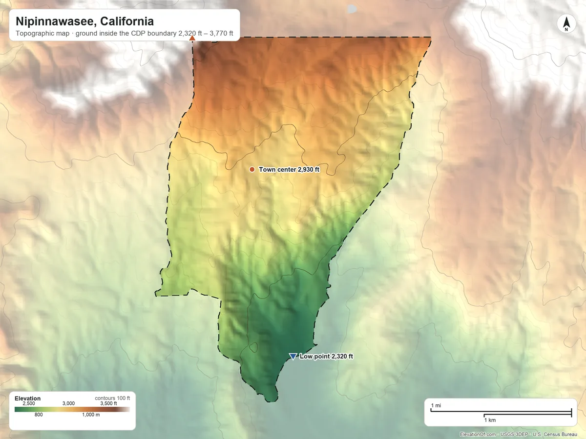Topographic elevation map of Nipinnawasee, California, shaded from 2,320 ft on the south side to 3,770 ft at the foot of the Chowchilla Mountains