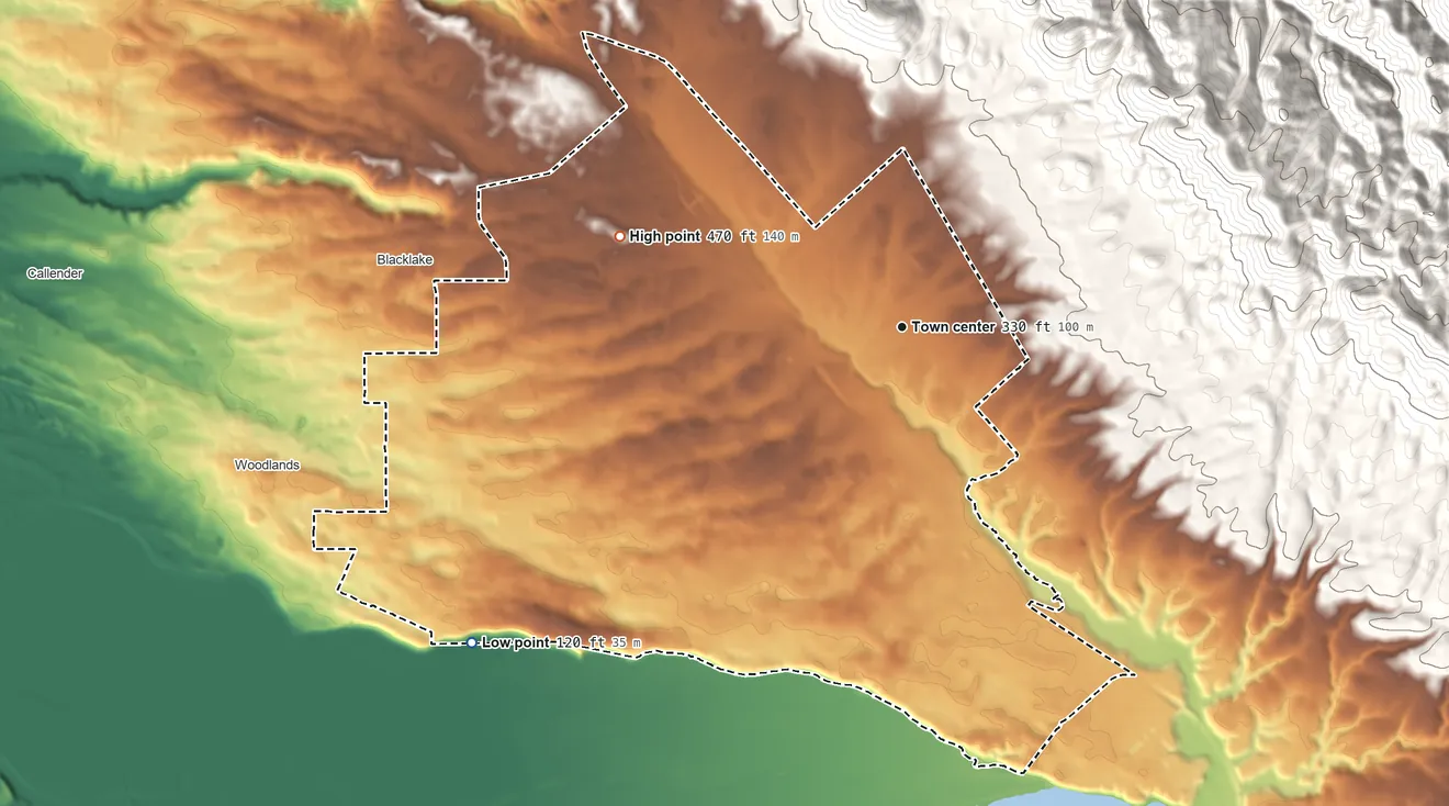 Topographic elevation map of Nipomo, California, shaded from 120 ft on the southwest side to 470 ft on the west side