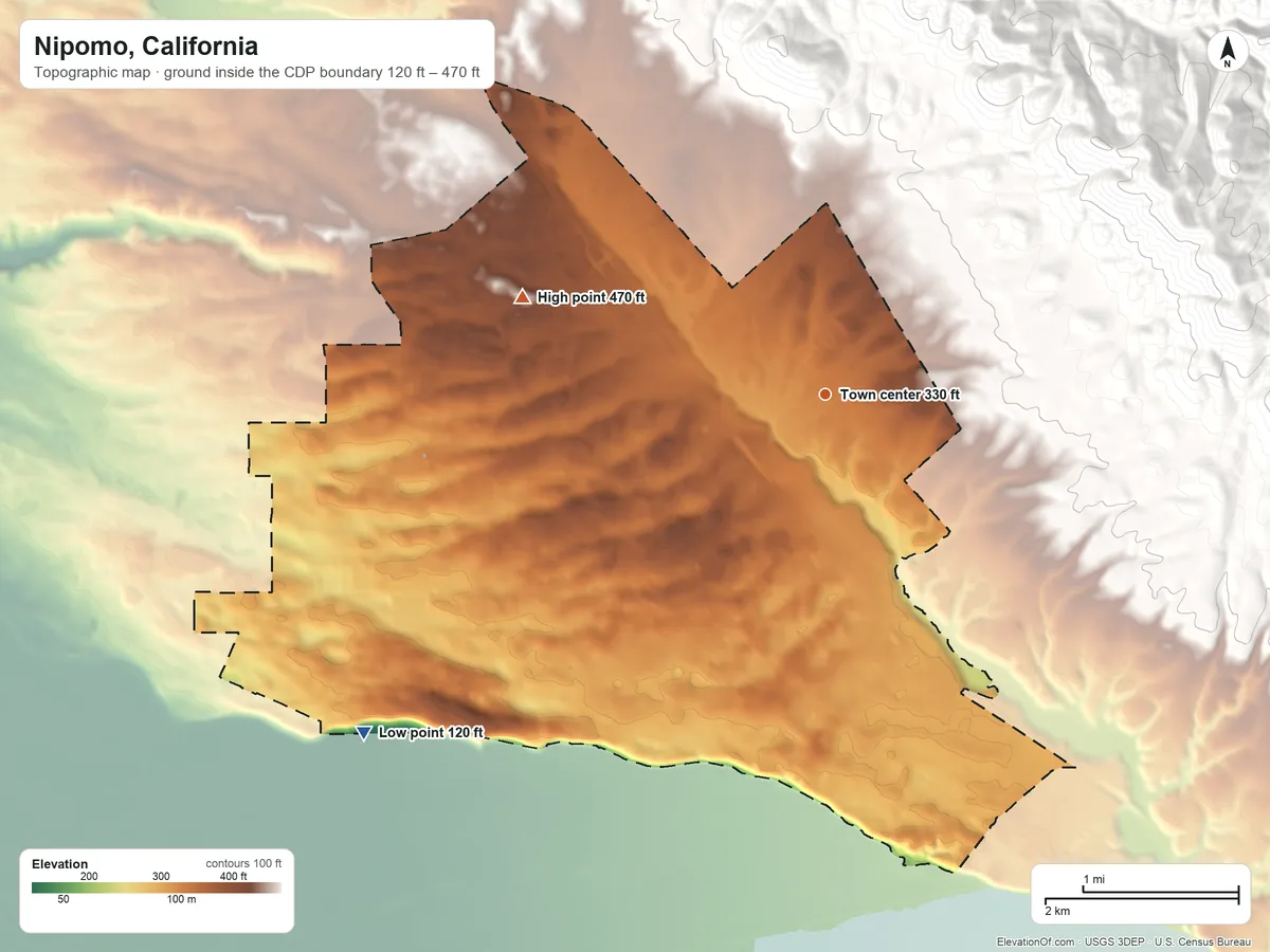 Topographic elevation map of Nipomo, California, shaded from 120 ft on the southwest side to 470 ft on the west side