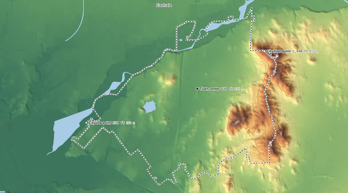Topographic elevation map of Norco, California, shaded from 530 ft on the west side to 1,490 ft on the northeast side