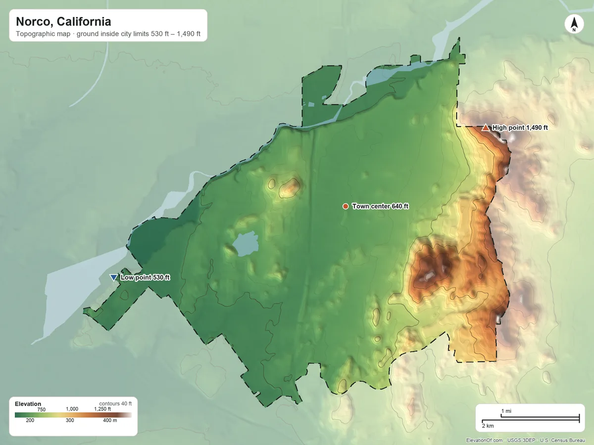 Topographic elevation map of Norco, California, shaded from 530 ft on the west side to 1,490 ft on the northeast side