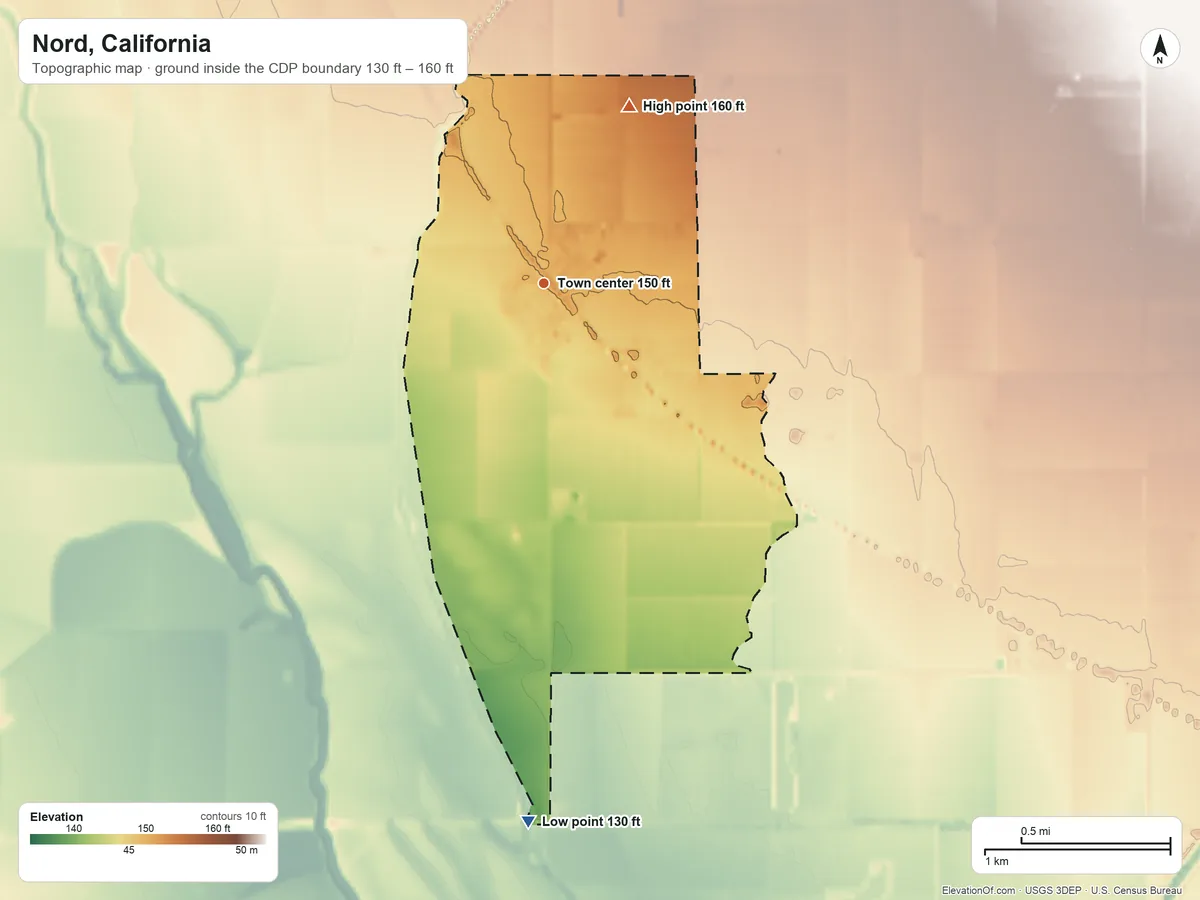Topographic elevation map of Nord, California, shaded from 130 ft on the south side to 160 ft on the northeast side