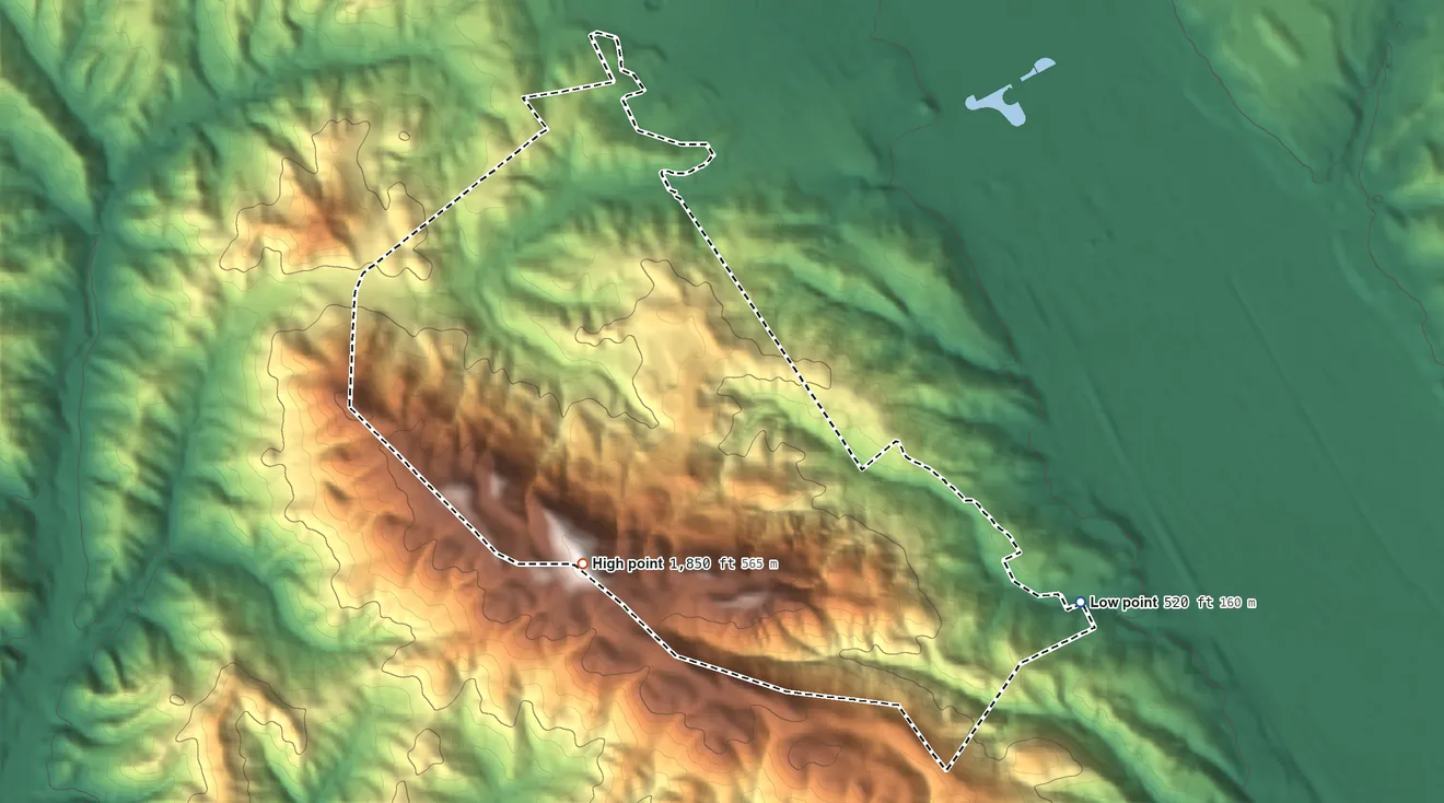 Topographic elevation map of Norris Canyon, California, shaded from 520 ft on the east side to 1,850 ft on Wiedemann Hill