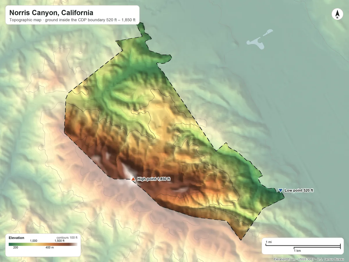 Topographic elevation map of Norris Canyon, California, shaded from 520 ft on the east side to 1,850 ft on Wiedemann Hill