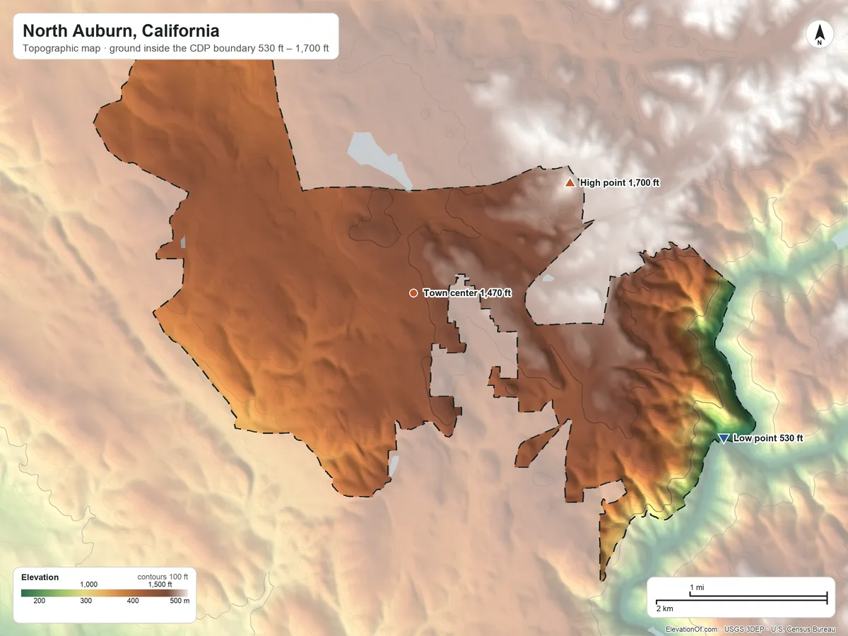 Topographic elevation map of North Auburn, California, shaded from 530 ft on the southeast side to 1,700 ft on the northeast side