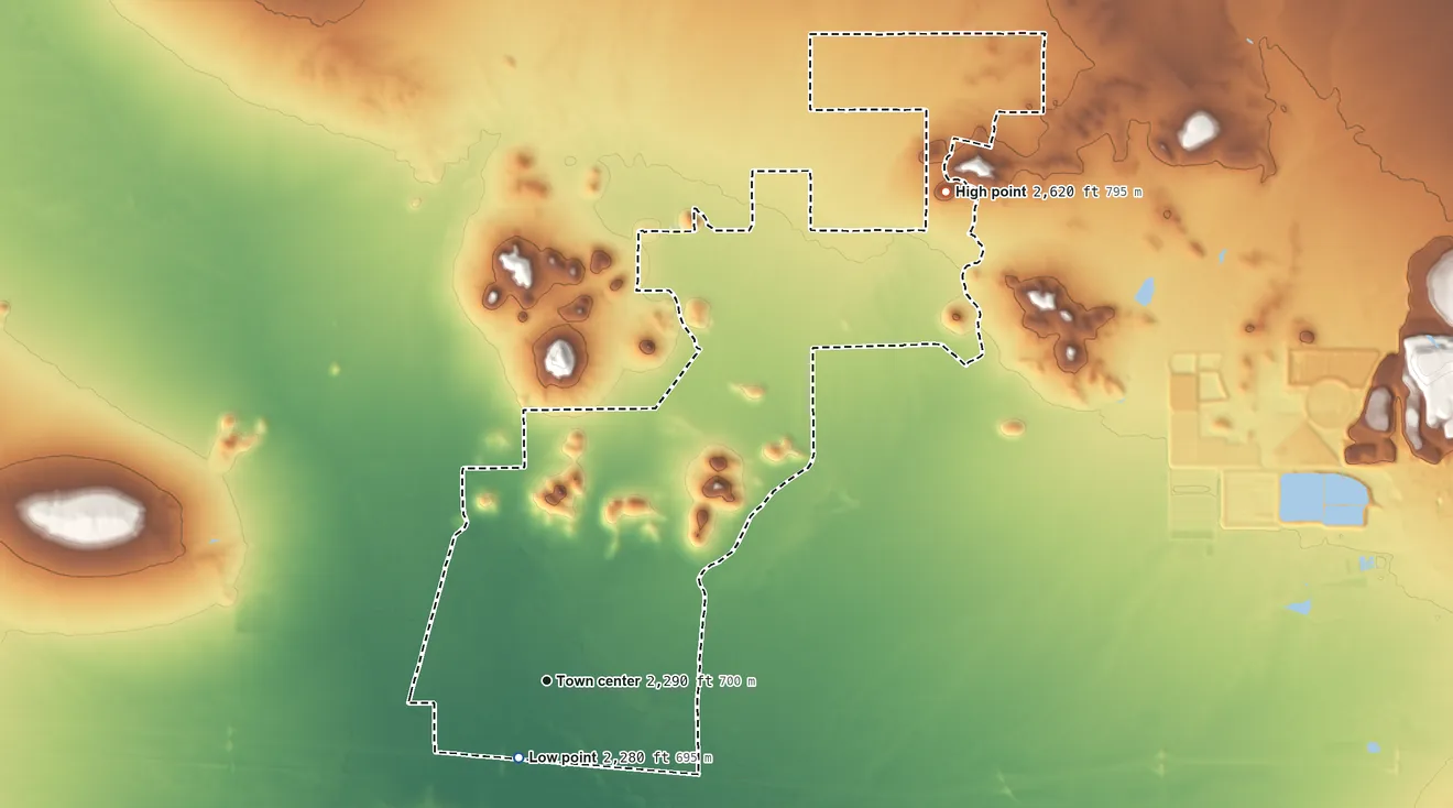 Topographic elevation map of North Edwards, California, shaded from 2,280 ft near the middle to 2,620 ft on the northeast side