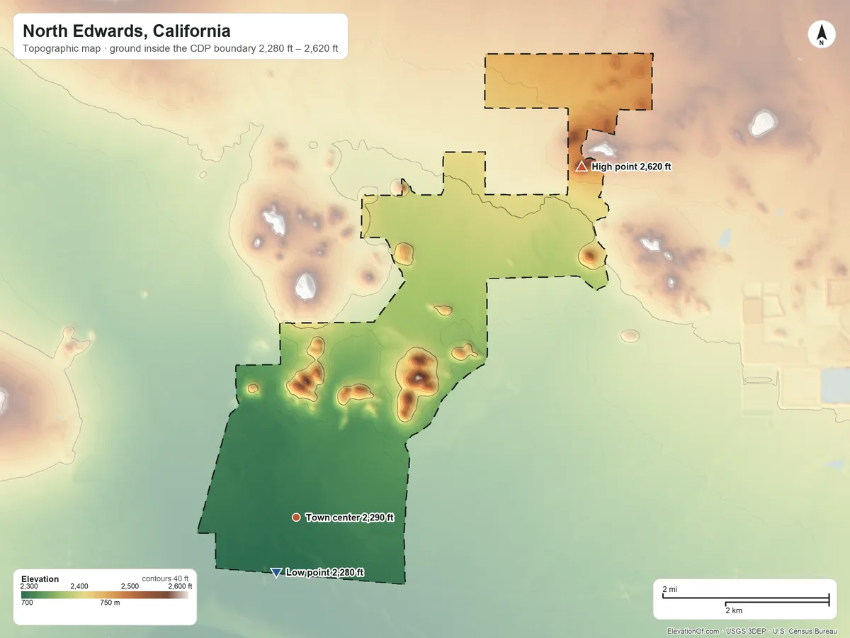 Topographic elevation map of North Edwards, California, shaded from 2,280 ft near the middle to 2,620 ft on the northeast side